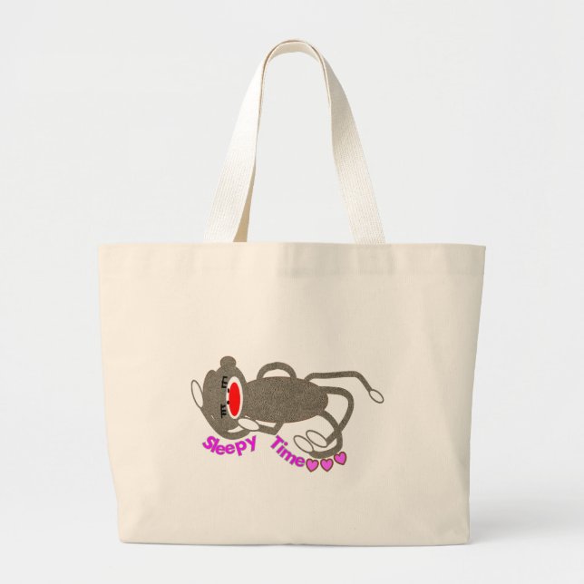 "Sleepy Time" Sock Monkey Sleeping Large Tote Bag (Front)