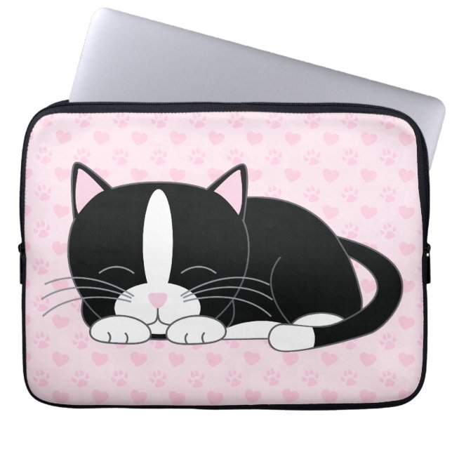 Sleepy Tuxedo Cat {pink} Laptop Sleeve (Front)