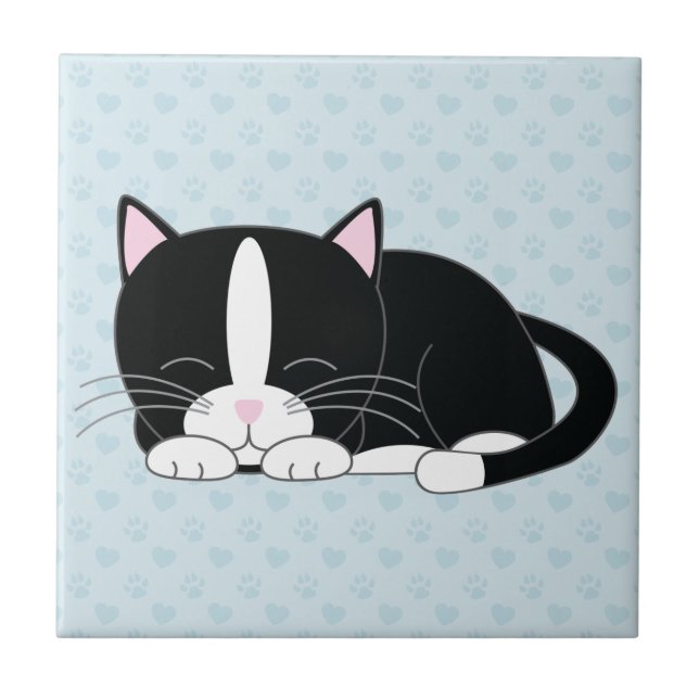 Sleepy Tuxedo Cat Tile (Front)