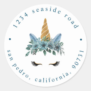 sleepy unicorn blue floral Return Address Classic Round Sticker