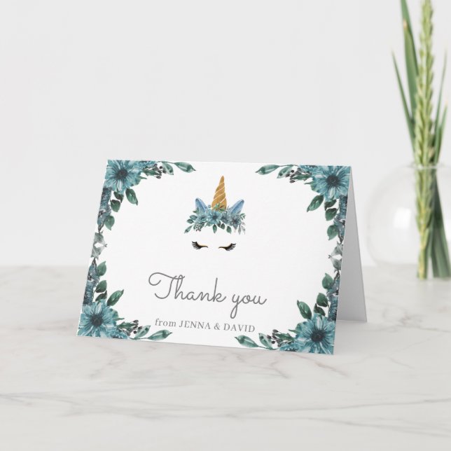 sleepy unicorn face blue floral thank you card (Front)