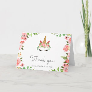 sleepy unicorn face blush floral thank you card