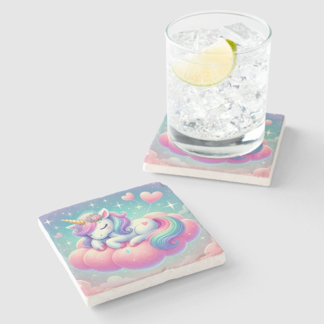 Sleepy Unicorne Valentine's Day Gift Throw Pillow Stone Coaster (Side)