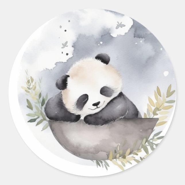 Sleepy Watercolor Baby Panda Bear Classic Round Sticker (Front)
