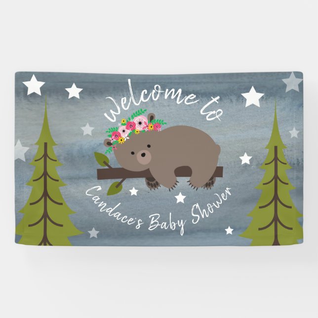 Sleepy Watercolor Floral Bear Baby Shower Banner (Horizontal)