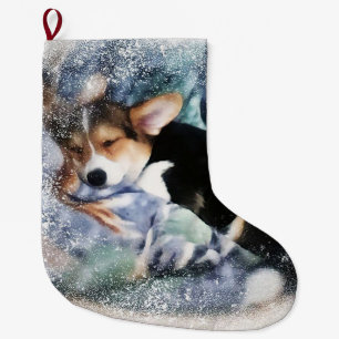 Sleepy Welsh Corgi Puppy Large Christmas Stocking