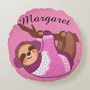 Sleepy Winter Sloth in Pink  Round Cushion