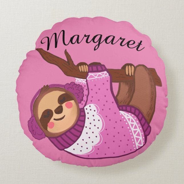 Sleepy Winter Sloth in Pink  Round Cushion (Front)