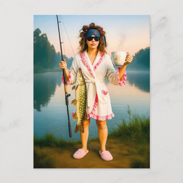Sleepy Woman in Robe Catches a Big Pike Holiday Postcard (Front)