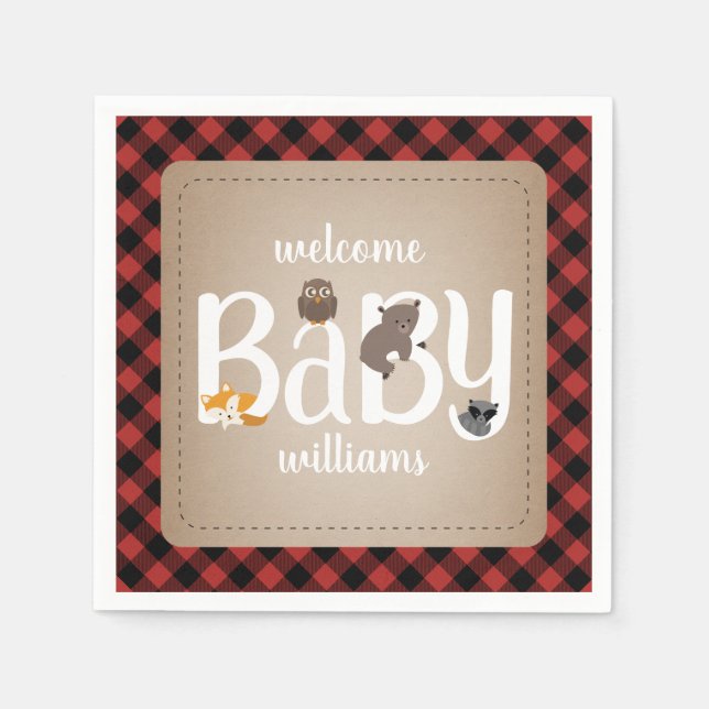 Sleepy Woodland Animals Plaid Baby Shower Napkin (Front)