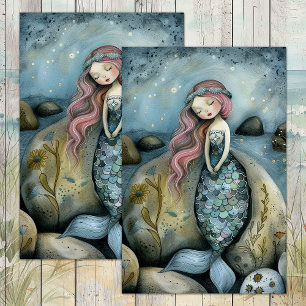 SLEEPY YOUNG MERMAID GIRL DECOUPAGE TISSUE PAPER