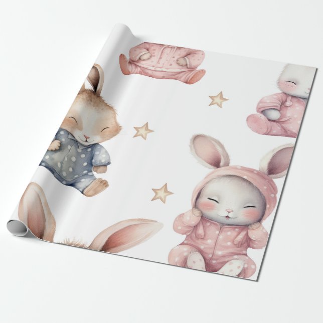 Sleepyhead Watercolor Bunny Baby Shower Pattern Wrapping Paper (Unrolled)