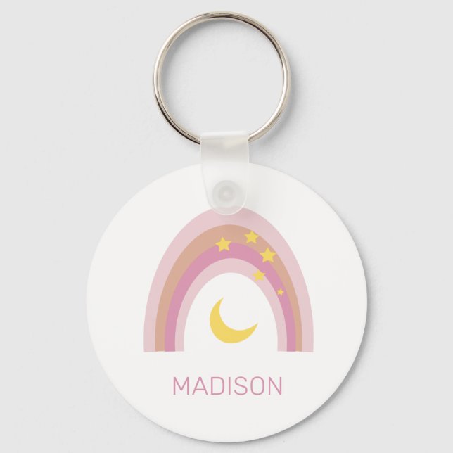 'Sleepytime Rainbow', Girls Cute Boho Pink custom  Key Ring (Front)