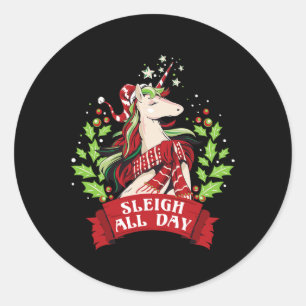 Sleigh All Day Cute Santa Unicorn Christmas Classic Round Sticker