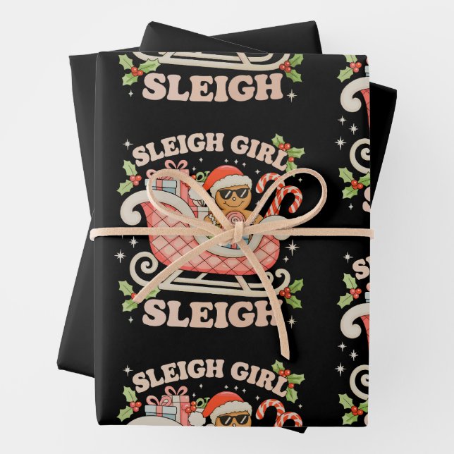 Sleigh Girl Gingerbread Christmas Xmas Candy Cane Wrapping Paper Sheet (In situ)