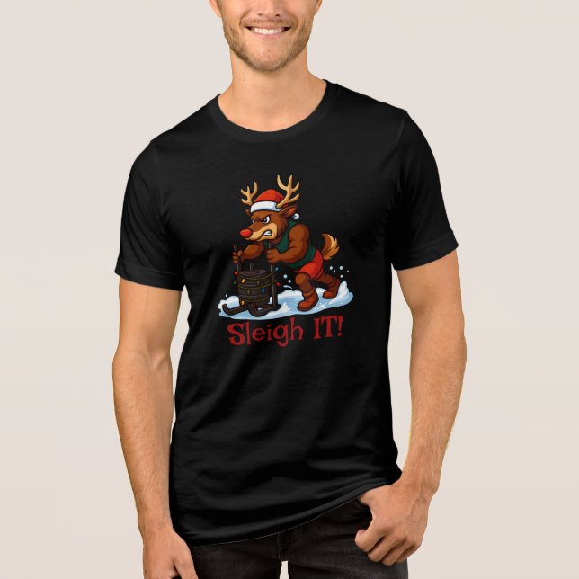 Sleigh It – Funny Christmas Reindeer Gym Workout Tri-Blend Shirt (Front)