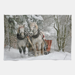sleigh+ride,snow,forest,horse,winter,white,gallop, tea towel