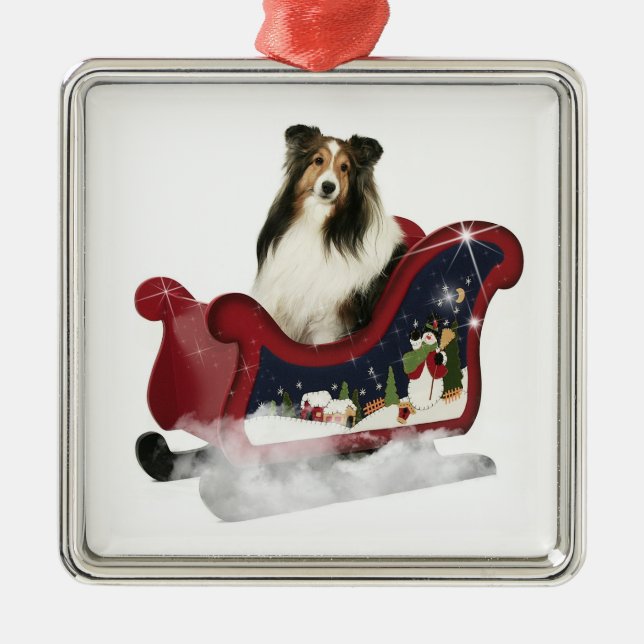Sleigh Sheltie Metal Tree Decoration (Front)