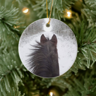 Sleigh View of Black Horse, Snowy Tree Lined Road Ceramic Tree Decoration