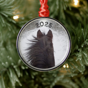 Sleigh View of Black Horse, Snowy Tree Lined Road Metal Tree Decoration