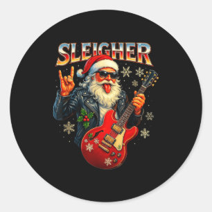 Sleigher Rock Santa Funny Metal Christmas Design  Classic Round Sticker