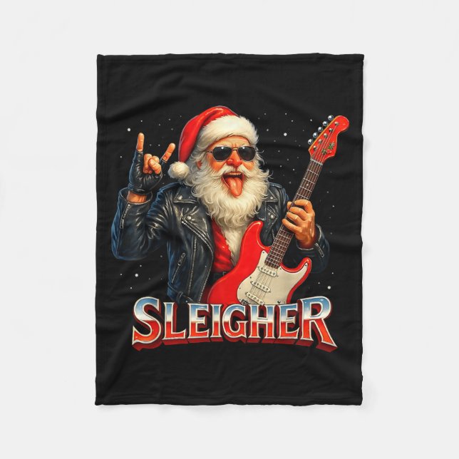 Sleigher Rock Santa Funny Metal Christmas Design  Fleece Blanket (Front)