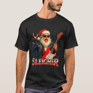 Sleigher Rock Santa Funny Metal Christmas Design  T-Shirt