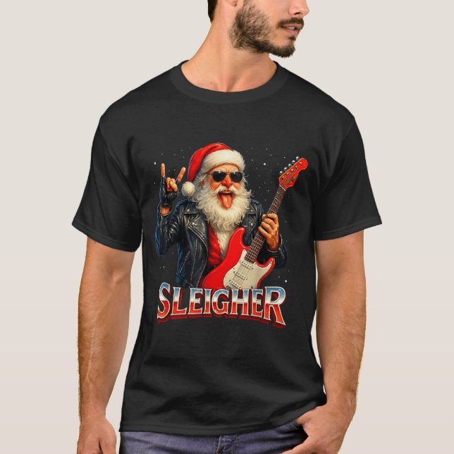 Sleigher Rock Santa Funny Metal Christmas Design  T-Shirt (Front)