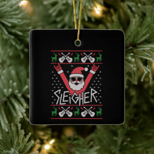 Sleigher Santa Christmas Rock n Roll Ugly Sweat Ceramic Ornament