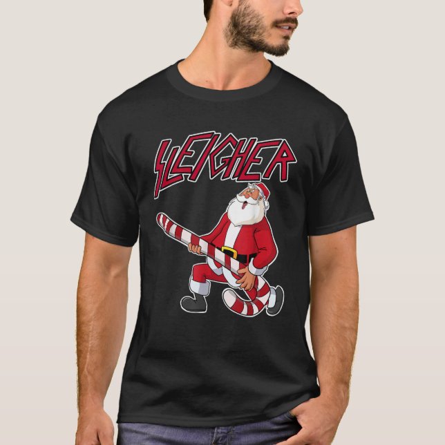 Sleigher Santa with Candy Cane Guitar funny Metal  T-Shirt (Front)