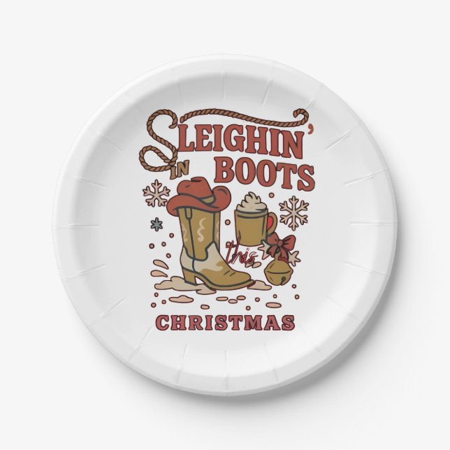 Sleighin Boots This Christmas Funny West Cowboy   Paper Plate (Front)
