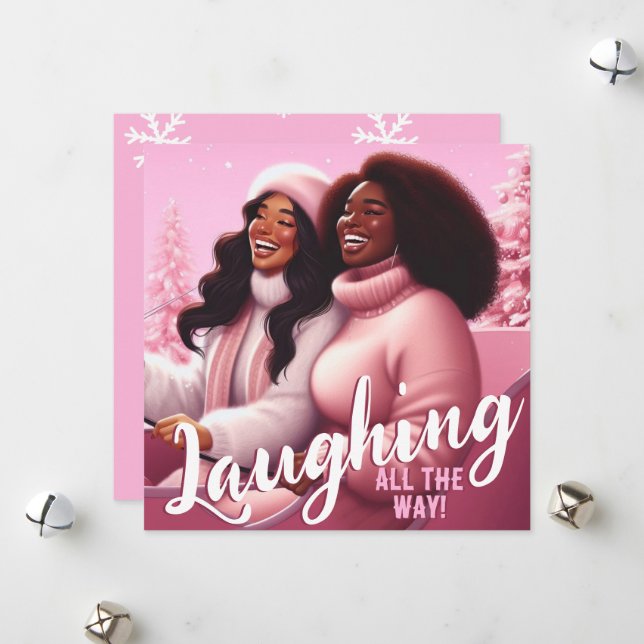 Sleighin' Sisters Festive Laughter Pastel Pink Holiday Card (Front/Back In Situ)