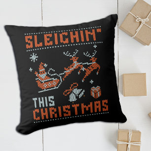 Sleighin' This Christmas Santa Knitting Name Cushion