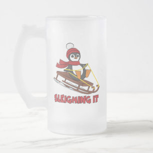 Sleighing It - Snow Sledding Cute Penguin Winter Frosted Glass Beer Mug
