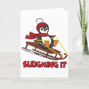 Sleighing It - Snow Sledding Cute Penguin Winter Holiday Card