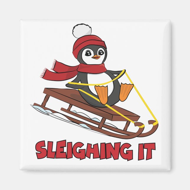 Sleighing It - Snow Sledding Cute Penguin Winter Magnet (Front)