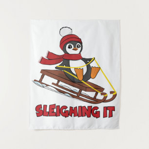 Sleighing It - Snow Sledding Cute Penguin Winter Tapestry