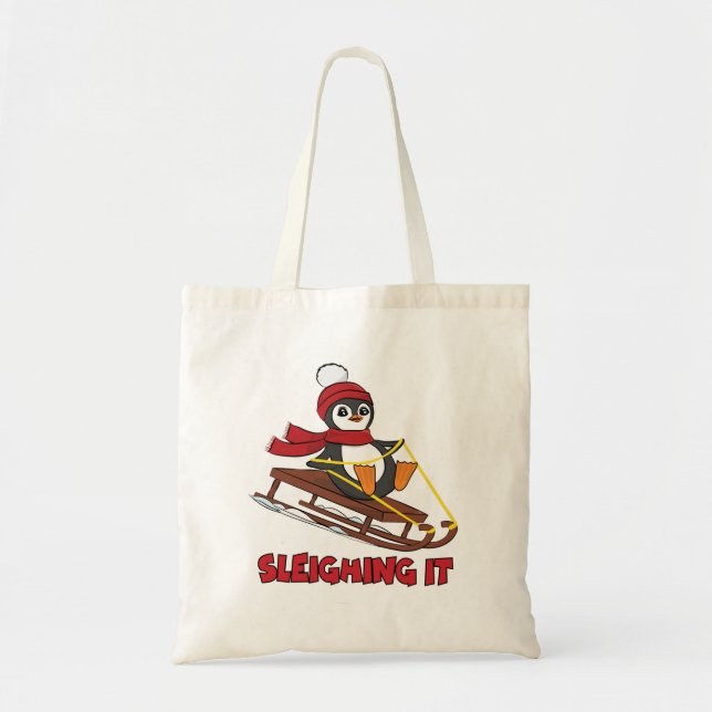 Sleighing It - Snow Sledding Cute Penguin Winter Tote Bag (Front)