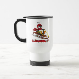 Sleighing It - Snow Sledding Cute Penguin Winter Travel Mug