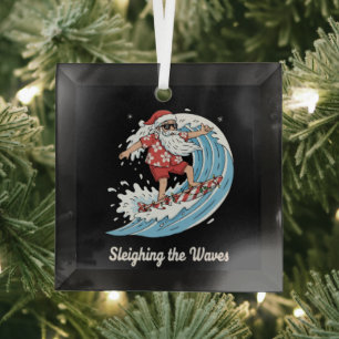 "Sleighing the Waves" Funny Surfing Santa Tropical Glass Tree Decoration