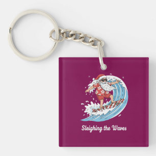 "Sleighing the Waves" Funny Surfing Santa Tropical Key Ring