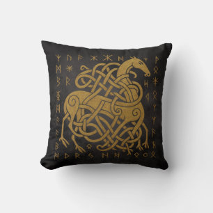 Sleipnir, Golden Norse Horse with Runes Symbol Cushion