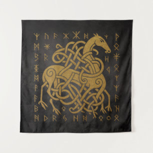Sleipnir, Golden Norse Horse with Runes Symbol Tapestry