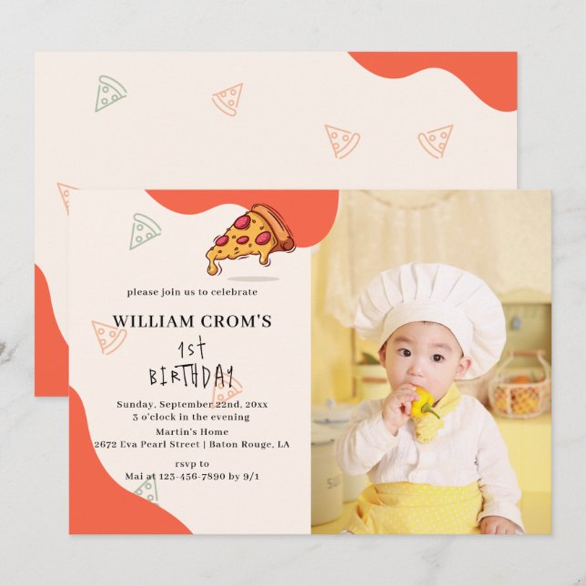 Slice Baby Slice Pizza Time Photo 1st Birthday Invitation (Front/Back)