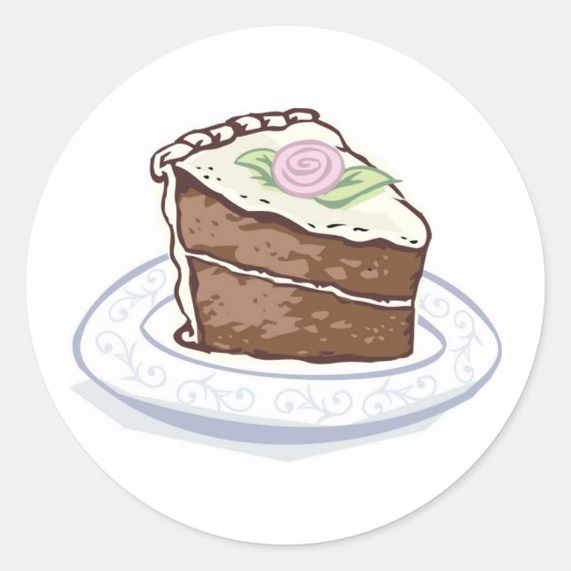 Slice of Chocolate Cake with Pink Rose Accent Classic Round Sticker (Front)