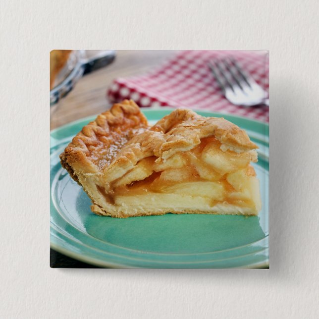Slice of fresh baked apple pie on plate 15 cm square badge (Front)