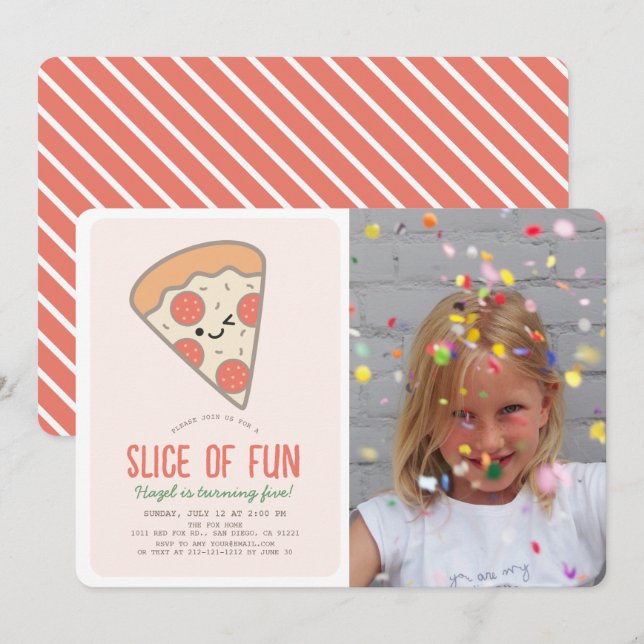 Slice of Fun Pizza Kawaii Pink Photo Girl Birthday Invitation (Front/Back)