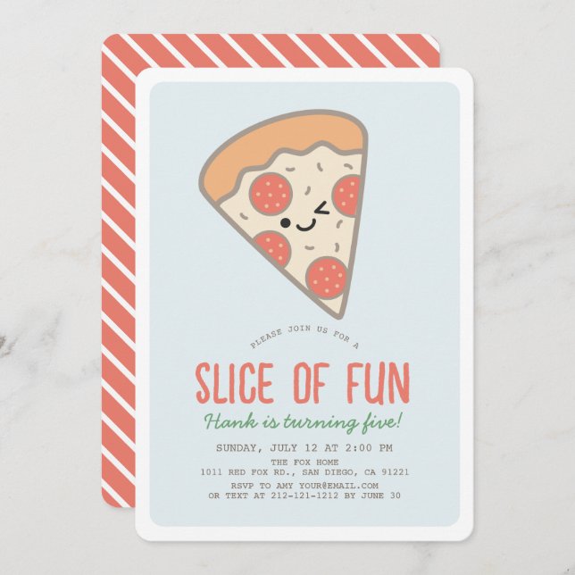 Slice of Fun Pizza Party Kawaii Blue Boy Birthday Invitation (Front/Back)