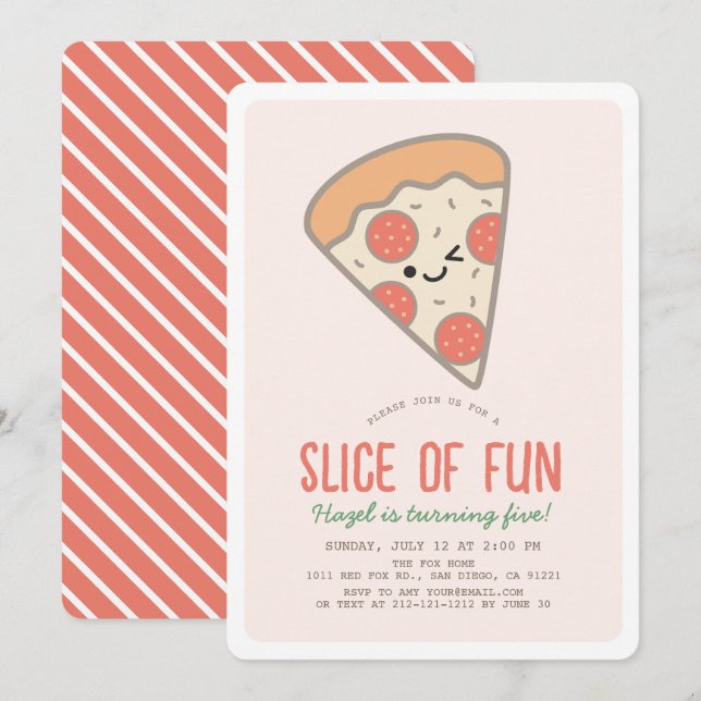Slice of Fun Pizza Party Kawaii Pink Girl Birthday Invitation (Front/Back)
