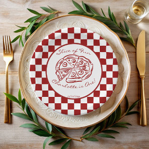 Slice of fun red check Italian pizza birthday Paper Plate
